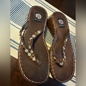 Yellow Box Brown Floral Embellished Sandals